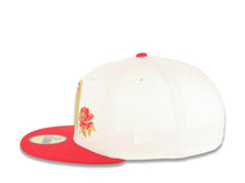 Load image into Gallery viewer, Mexico New Era 59FIFTY 5950 Fitted Cap Hat Cream Crown Red Visor Red/Metqallic Gold Logo with Rose Mexico Flag Side Patch Gray UV
