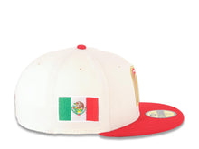 Load image into Gallery viewer, Mexico New Era 59FIFTY 5950 Fitted Cap Hat Cream Crown Red Visor Red/Metqallic Gold Logo with Rose Mexico Flag Side Patch Gray UV