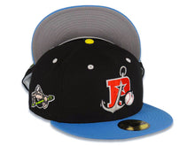 Load image into Gallery viewer, Stockton Ports New Era MiLB 59FIFTY 5950 Fitted Cap Hat Black Crown Dark Sky Blue Visor Red/White Logo Captain/Sailor Side Patch Gray UV