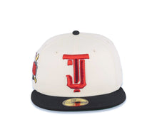 Load image into Gallery viewer, Tijuana Toros New Era LMB 59FIFTY 5950 Fitted Cap Hat Cream Crown Black Visor Metallic Red/Gold Logo Desarollo Toros Side Patch Green UV