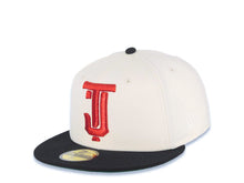 Load image into Gallery viewer, Tijuana Toros New Era LMB 59FIFTY 5950 Fitted Cap Hat Cream Crown Black Visor Metallic Red/Gold Logo Desarollo Toros Side Patch Green UV
