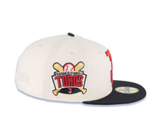 Load image into Gallery viewer, Tijuana Toros New Era LMB 59FIFTY 5950 Fitted Cap Hat Cream Crown Black Visor Metallic Red/Gold Logo Desarollo Toros Side Patch Green UV