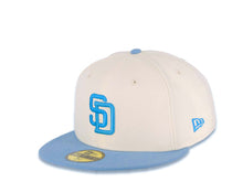 Load image into Gallery viewer, San Diego Padres New Era MLB 59FIFTY 5950 Fitted Cap Hat Cream Crown Sky Blue Visor Blue/Cardinal Blue Logo 1998 World Series Side Patch Gray UV