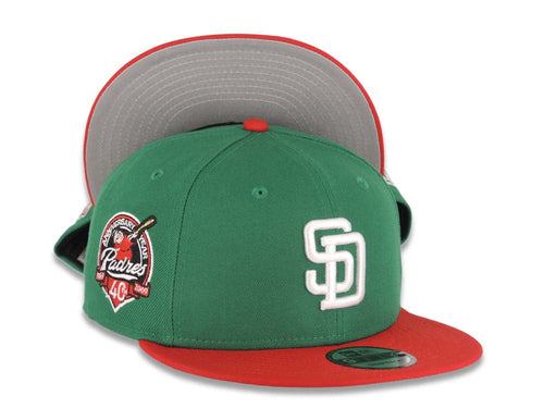San Diego Padres New Era MLB 9FIFTY 950 Snapback Cap Hat Green Crown Red Visor White Logo 40th Anniversary Side Patch Gray UV