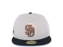 Load image into Gallery viewer, (Youth) San Diego Padres New Era MLB 59FIFTY 5950 Kid Fitted Cap Hat Stone Crown Black Visor Metallic Black/Gold Staggered Logo Petco Park Side Patch