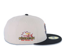 Load image into Gallery viewer, (Youth) San Diego Padres New Era MLB 59FIFTY 5950 Kid Fitted Cap Hat Stone Crown Black Visor Metallic Black/Gold Staggered Logo Petco Park Side Patch
