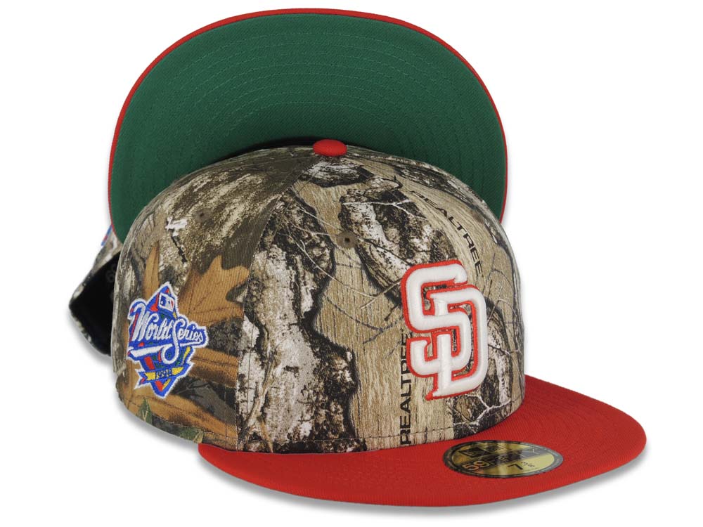 San Diego Padres New Era MLB 59FIFTY 5950 Fitted Cap Hat Real Tree Edge  Crown Red Visor Glow White/Red Logo 1998 World Series Side Patch Green UV