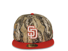 Load image into Gallery viewer, San Diego Padres New Era MLB 59FIFTY 5950 Fitted Cap Hat Real Tree Edge Crown Red Visor Glow White/Red Logo 1998 World Series Side Patch Green UV