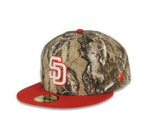 Load image into Gallery viewer, San Diego Padres New Era MLB 59FIFTY 5950 Fitted Cap Hat Real Tree Edge Crown Red Visor Glow White/Red Logo 1998 World Series Side Patch Green UV