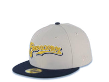 Load image into Gallery viewer, Milwaukee Brewers New Era MLB 59FIFTY 5950 Fitted Cap Hat Stone Crown Navy Blue Visor Metallic Gold Script/Text Logo M State Map Side Patch