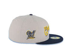 Load image into Gallery viewer, Milwaukee Brewers New Era MLB 59FIFTY 5950 Fitted Cap Hat Stone Crown Navy Blue Visor Metallic Gold Script/Text Logo M State Map Side Patch