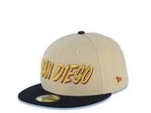 Load image into Gallery viewer, San Diego Padres New Era MLB 59FIFTY 5950 Fitted Cap Hat Vegas Gold Crown Black Visor Metallic Gold/Red Script Logo Swinging Friar Side Patch Dark