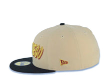 Load image into Gallery viewer, San Diego Padres New Era MLB 59FIFTY 5950 Fitted Cap Hat Vegas Gold Crown Black Visor Metallic Gold/Red Script Logo Swinging Friar Side Patch Dark