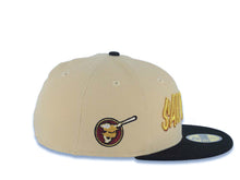 Load image into Gallery viewer, San Diego Padres New Era MLB 59FIFTY 5950 Fitted Cap Hat Vegas Gold Crown Black Visor Metallic Gold/Red Script Logo Swinging Friar Side Patch Dark