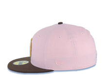 Load image into Gallery viewer, San Diego Padres New Era MLB 59FIFTY 5950 Fitted Cap Hat Pink Crown Brown Visor Metallic Gold/Brown Logo with Rose Side Patch Gray UV
