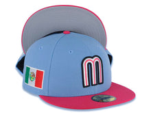 Load image into Gallery viewer, Mexico New Era WBC World Baseball Classic 59FIFTY 5950 Fitted Cap Hat Sky Blue Crown Magenta Visor White/Black/Magenta Logo Mexico Flag Side Patch
