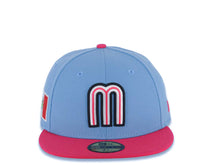 Load image into Gallery viewer, Mexico New Era WBC World Baseball Classic 59FIFTY 5950 Fitted Cap Hat Sky Blue Crown Magenta Visor White/Black/Magenta Logo Mexico Flag Side Patch