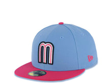Load image into Gallery viewer, Mexico New Era WBC World Baseball Classic 59FIFTY 5950 Fitted Cap Hat Sky Blue Crown Magenta Visor White/Black/Magenta Logo Mexico Flag Side Patch