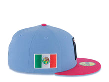 Load image into Gallery viewer, Mexico New Era WBC World Baseball Classic 59FIFTY 5950 Fitted Cap Hat Sky Blue Crown Magenta Visor White/Black/Magenta Logo Mexico Flag Side Patch