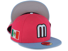 Load image into Gallery viewer, Mexico New Era 59FIFTY 5950 Fitted Cap Hat Magenta Crown Sky Blue Visor White/Black/Sky Blue Logo Mexico Flag Side Patch Gray UV