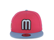 Load image into Gallery viewer, Mexico New Era 59FIFTY 5950 Fitted Cap Hat Magenta Crown Sky Blue Visor White/Black/Sky Blue Logo Mexico Flag Side Patch Gray UV