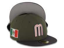 Load image into Gallery viewer, Mexico New Era WBC 59FIFTY 5950 Fitted Cap Hat Olive Green Crown Dark Gray Visor White/Metallic Black/Red Logo Mexico Flag Side Patch Gray UV