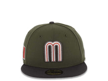 Load image into Gallery viewer, Mexico New Era WBC 59FIFTY 5950 Fitted Cap Hat Olive Green Crown Dark Gray Visor White/Metallic Black/Red Logo Mexico Flag Side Patch Gray UV
