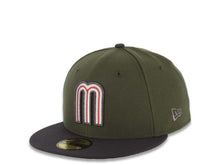 Load image into Gallery viewer, Mexico New Era WBC 59FIFTY 5950 Fitted Cap Hat Olive Green Crown Dark Gray Visor White/Metallic Black/Red Logo Mexico Flag Side Patch Gray UV