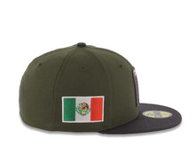 Load image into Gallery viewer, Mexico New Era WBC 59FIFTY 5950 Fitted Cap Hat Olive Green Crown Dark Gray Visor White/Metallic Black/Red Logo Mexico Flag Side Patch Gray UV