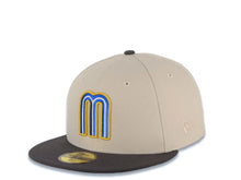 Load image into Gallery viewer, Mexico New Era 59FIFTY 5950 Fitted Cap Hat Stone Crown Dark Gray Visor White/Metallic Royal Blue/Metallic Gold Logo Mexico Flag Side Patch Gray UV