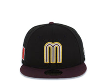 Load image into Gallery viewer, Mexico New Era WBC 59FIFTY 5950 Fitted Cap Hat Black Crown Maroon Visor Glow White/Metallic Gold/Maroon Logo Mexico Flag Side Patch Green UV