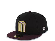 Load image into Gallery viewer, Mexico New Era WBC 59FIFTY 5950 Fitted Cap Hat Black Crown Maroon Visor Glow White/Metallic Gold/Maroon Logo Mexico Flag Side Patch Green UV