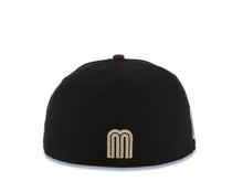 Load image into Gallery viewer, Mexico New Era WBC 59FIFTY 5950 Fitted Cap Hat Black Crown Maroon Visor Glow White/Metallic Gold/Maroon Logo Mexico Flag Side Patch Green UV