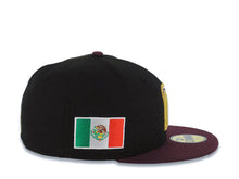 Load image into Gallery viewer, Mexico New Era WBC 59FIFTY 5950 Fitted Cap Hat Black Crown Maroon Visor Glow White/Metallic Gold/Maroon Logo Mexico Flag Side Patch Green UV
