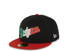 Load image into Gallery viewer, Los Angeles Dodgers New Era MLB 59FIFTY 5950 Fitted Cap Hat Black Crown Red Visor Green/White/Red Script Logo Mexico Flag Side Patch Green UV