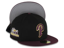 Load image into Gallery viewer, San Diego Padres New Era MLB 59FIFTY 5950 Fitted Cap Hat Black Crown Maroon Visor Maroon/Metallic Silver/Gold P Logo Petco Park Side Patch Gray UV