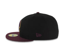 Load image into Gallery viewer, San Diego Padres New Era MLB 59FIFTY 5950 Fitted Cap Hat Black Crown Maroon Visor Maroon/Metallic Silver/Gold P Logo Petco Park Side Patch Gray UV