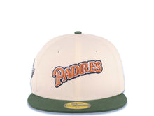 Load image into Gallery viewer, San Diego Padres New Era MLB 59FIFTY 5950 Fitted Cap Hat Cream Crown Green Visor Metallic Brown/White/Navy Blue Script Logo 1998 World Series Side Patch