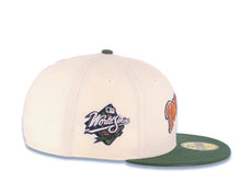 Load image into Gallery viewer, San Diego Padres New Era MLB 59FIFTY 5950 Fitted Cap Hat Cream Crown Green Visor Metallic Brown/White/Navy Blue Script Logo 1998 World Series Side Patch
