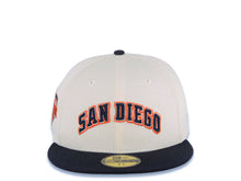 Load image into Gallery viewer, San Diego Padres New Era MLB 59FIFTY 5950 Fitted Cap Hat Cream Crown Navy Blue Visor Navy/Orange Arch Text/Script Logo 1992 All-Star Game Side Patch
