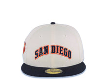 Load image into Gallery viewer, San Diego Padres New Era MLB 59FIFTY 5950 Fitted Cap Hat Cream Crown Navy Blue Visor Navy/Orange Arch Text/Script Logo 1992 All-Star Game Side Patch
