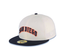 Load image into Gallery viewer, San Diego Padres New Era MLB 59FIFTY 5950 Fitted Cap Hat Cream Crown Navy Blue Visor Navy/Orange Arch Text/Script Logo 1992 All-Star Game Side Patch