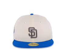 Load image into Gallery viewer, San Diego Padres New Era MLB 59FIFTY 5950 Fitted Cap Hat Cream Crown Royal Blue Visor Metallic Black Logo 1998 World Series Side Patch Sky Blue UV