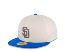 Load image into Gallery viewer, San Diego Padres New Era MLB 59FIFTY 5950 Fitted Cap Hat Cream Crown Royal Blue Visor Metallic Black Logo 1998 World Series Side Patch Sky Blue UV