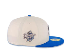 Load image into Gallery viewer, San Diego Padres New Era MLB 59FIFTY 5950 Fitted Cap Hat Cream Crown Royal Blue Visor Metallic Black Logo 1998 World Series Side Patch Sky Blue UV