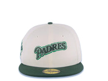 Load image into Gallery viewer, San Diego Padres New Era MLB 59FIFTY 5950 Fitted Cap Hat Cream Crown Green Visor Green/Metallic Green Script Logo 30th Anniversary Side Patch