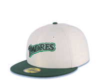 Load image into Gallery viewer, San Diego Padres New Era MLB 59FIFTY 5950 Fitted Cap Hat Cream Crown Green Visor Green/Metallic Green Script Logo 30th Anniversary Side Patch