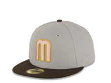 Load image into Gallery viewer, Mexico New Era WBC 59FIFTY 5950 Fitted Cap Hat Gray Crown Brown Visor Pink/Metallic Gold/Glow White Logo Mexico Flag Side Patch Pink UV
