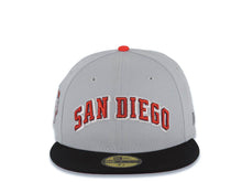 Load image into Gallery viewer, San Diego Padres New Era MLB 59FIFTY 5950 Fitted Cap Hat Gray Crown Black Visor Metallic Red/Black/White Logo 2016 All-Star Game Side Patch Red UV
