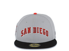 Load image into Gallery viewer, San Diego Padres New Era MLB 59FIFTY 5950 Fitted Cap Hat Gray Crown Black Visor Metallic Red/Black/White Logo 2016 All-Star Game Side Patch Red UV